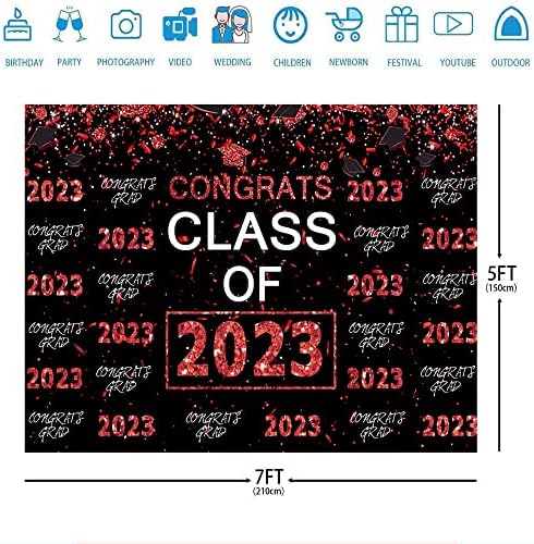טיקוניקואה 7 על 5 רגל 2023 רקע מסיבת סיום נצנצים שחור ואדום כיתה של 2023 מזל טוב רקע סיום מזל טוב רקע