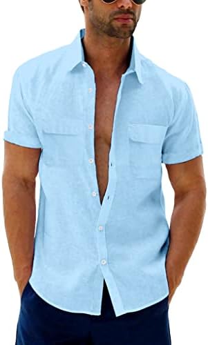 כפתור מזדמן לגברים למטה חולצת שרוול קצר פשתן חולצות חוף כותנה חולצות דש חולצה מוצקה עם כיס