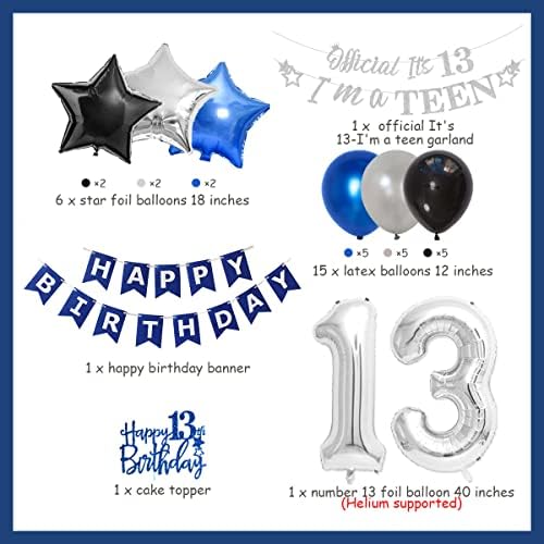 קישוט יום הולדת 13 של Joymemo לבנים כחול וכסף שלוש עשרה אספקת יום הולדת