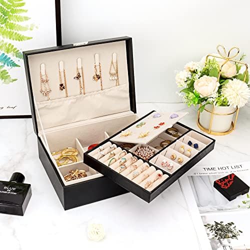 מארגן קופסאות תכשיטים לעיצוב עם Lock-2 Layer Layer PU עור אחסון תכשיטים תכשיטים תצוגה עם מגש נשלף לעגילי