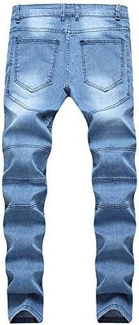 גברים אמצע המותניים קפלים אופנוען סקיני נמתח במצוקה ג 'ינס מכנסי ג' ינס בכושר דק עם רוכסן דקו
