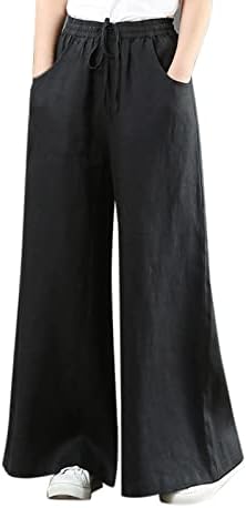 מקרית קיץ כותנה פשתן מכנסיים לנשים בבאגי רחב רגל מכנסיים גבוהה מותן ארוך מכנסיים עם כיסים נוח מכנסיים