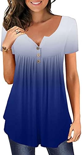 נשים טוניקות עם חותלות קיץ 1/4 כפתור עד קפלים קצר שרוול חולצות מקרית רופף זורם בסוודרים חולצת טי