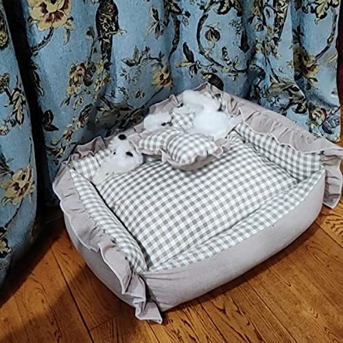 חמוד חאקי משובץ גור מיטה עם ורוד קטן כרית, נשלף ורחיץ נוח חתול מיטת עבור חיות מחמד קטנות