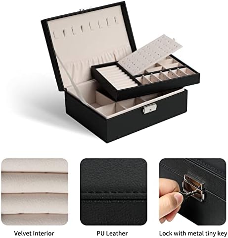 רק קופסת תכשיטים שחורה של עור PU, מארגן מחזיק שרשרת תכשיטים שכבה כפולה מארז אחסון עם מנעול