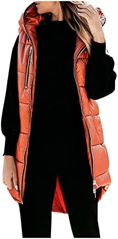SNKSDGM נשים אופנה ארוכות אפוד אפוד מעילים ללא שרוולים מלאים מעילים מעילי גילט עם פוח עם קפיסה.