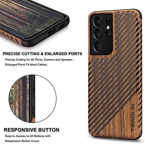 טנדלין תואם ל- Samsung Galaxy S21 אולטרה מארז עץ עץ ועור חיצוני עיצוב TPU היברידי