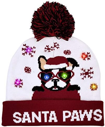 כובע חג המולד החם שלנו הוביל כפת חג המולד עם 6 אורות צבעוניים, כפות סנטה חמודות כלב מצויר חג המולד כובע