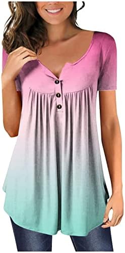 הדפסת שיפוע רטרו שרוול קצר חולצת טוניקה לנשים כפתור נגד חולצות רשת קפלים בצוואר