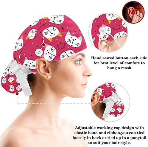 קרצוף כובעים נשים כירורגיות עם כפתורים רצועת זיעה וכובעי כירורגיה של סרטי שיער לנשים, חתול חמוד