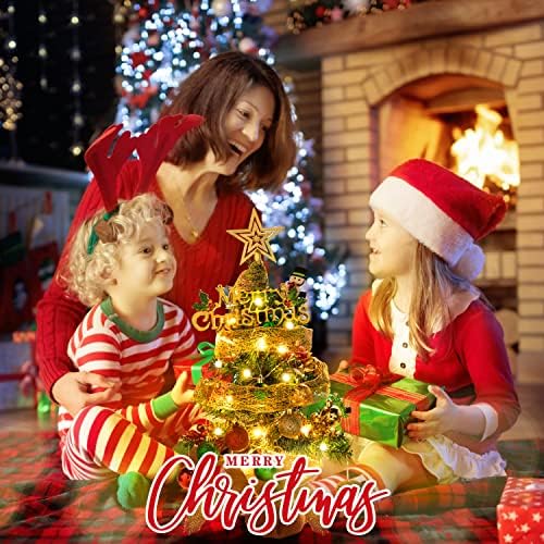 שולחן עץ חג המולד עם אורות, קישוטים לחג המולד מקורה, עצי חג מולד מלאכותיים עם קישוטים, עצי חג המולד