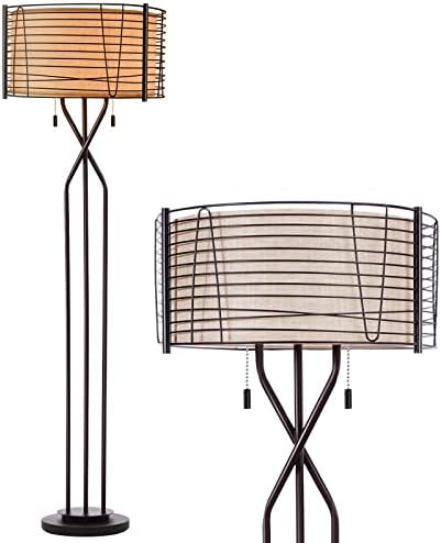 רצפת מנורות לסלון עם כפול תוף צל-חווה תעשייתי עומד מנורה, 65 גבוה כפרי ברונזה ארוג ברזל מתכת יוטה בד