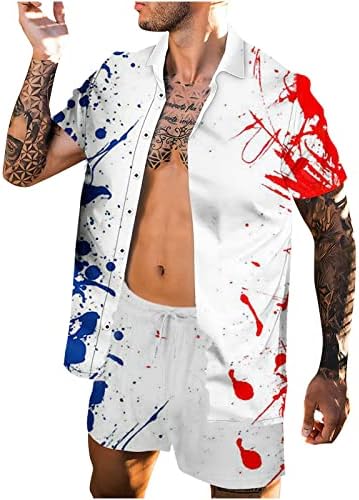RBCulf Mens Shore Shileves חולצה חולצה מכנסיים קצרים הגדר יום עצמאות כפתור הדפסה כלפי מטה חולצת דש גזעים