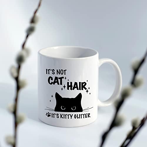 דוטיין מצחיק אומר שזה לא שיער חתול זה קיטי גליטר 11 עוז ספל קפה כוס קרמיקה, צד כפול מודפס, מצחיק שחור