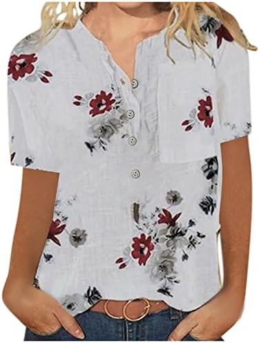 קיץ חולצה מזדמן לנשים פרחוני הדפסת כפתור הנלי חולצות קצר שרוול חולצות טוניקת חולצות עם כיס
