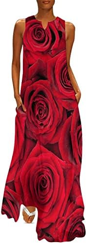 ורדים אדומים יפה נשים ללא שרוולים צווארון ארוך שמלה מקרית קיץ קרסול אורך מקסי שמלות