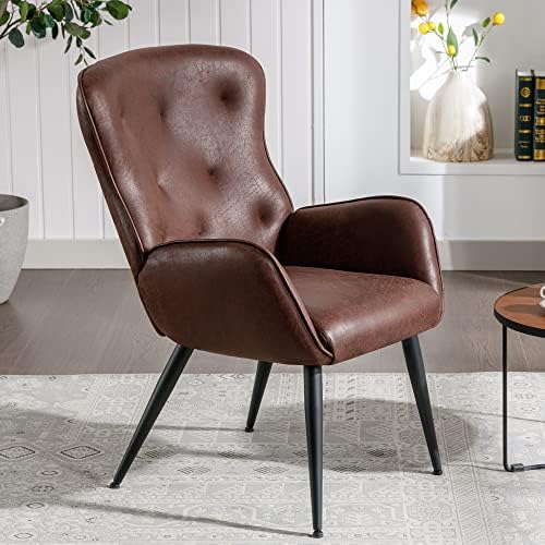 כיסא מבטא דמוי עור עם עיצוב גב גבוה, כורסה עם רגלי מתכת בסגנון מודרני, כיסא כנף מרופד נוח לסלון, חדר