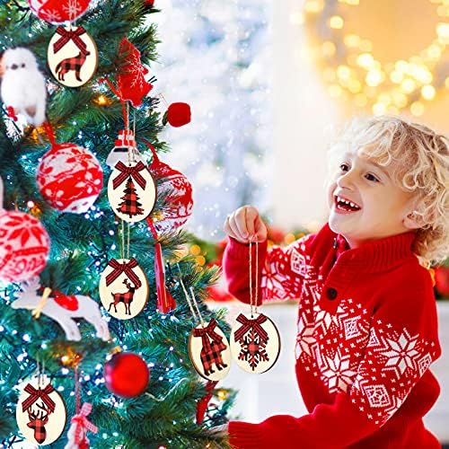 24 חתיכות לחג המולד קישוטי עץ תלויים עגול עגול קישוטי משובץ באפלו אדום