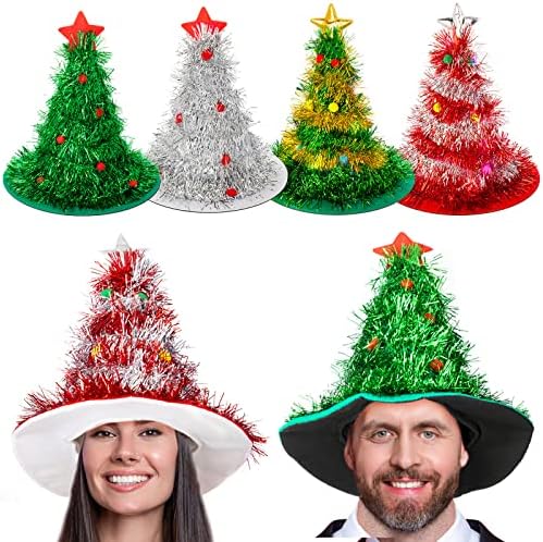 וינסו 4 יחידות חג המולד כובעי חג המולד עץ סנטה כובע עם טינסל צבעוני פום גליטר מטורף חג המולד כובעי חג