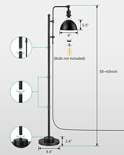 מנורת רצפה תעשייתית של אדישין, גובה וראש מתכווננים עם מתג סיבוב, מנורת קריאה כפרית בגימור שחור מיושן,