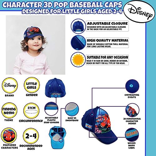 בנות פעוטות של דיסני מציאת דורי/נמו אופי 3D פופ בייסבול כובע, לבן/כחול, גיל 2-4