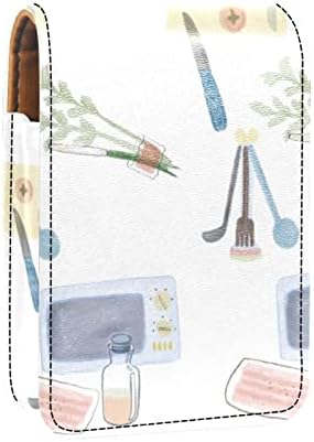 תיק איפור של אוריוקאן מיני עם מראה, מארז שפתון עור מצמד ארנק, כלי מטבח צבעי מים דפוס מקסים
