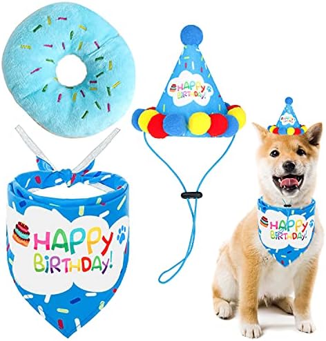 יום הולדת לכלב כובע וצעצועים - מודפסים של זה יום ההולדת שלי - 3 ב 1 צעיף/כובע/צעצוע עוגת סופגנייה -