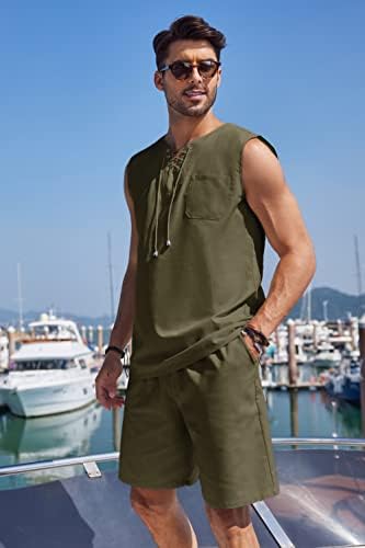 קואופנדי גברים פשתן מגדירים תלבושות 2 חלקים עם חוף חוף גופיות חולצה ללא שרוולים תואמים מכנסיים קצרים
