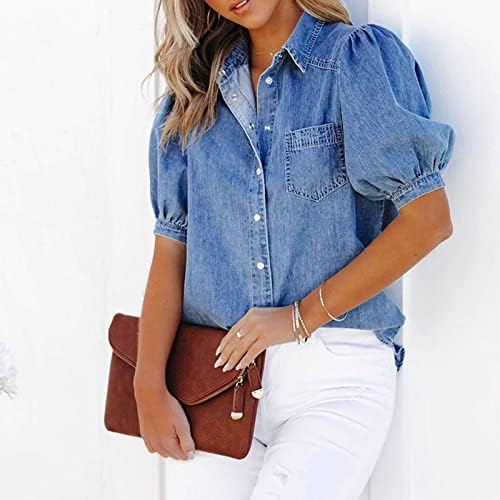 חולצות ג'ינס לנשים עסקיות מזדמנות כפתור שרוול קצר למטה חולצת ז'אן קיץ חולצות תערובת כותנה רופפות