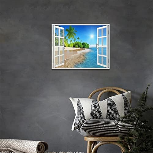 חוף אמבטיה קיר אמנות חוף חוף עצי דקל תמונות תפאורה קיר ים כחול 3D חלון נוף נוף בד ציור הדפס יצירות אמנות
