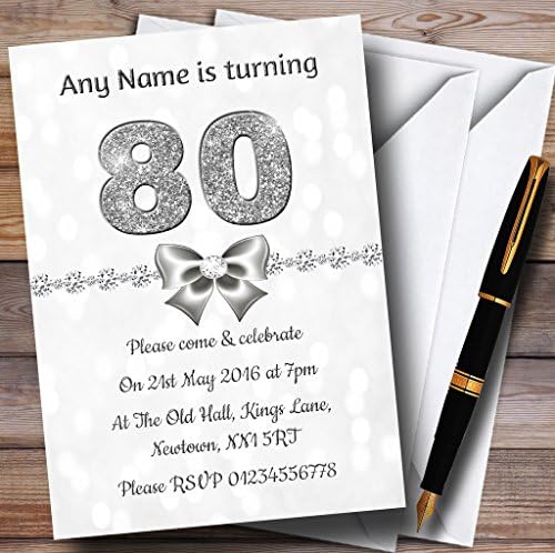 בוקה לבנה וכסף נצנצים נראים הזמנות למסיבת יום הולדת בהתאמה אישית 80