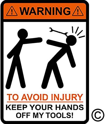 אזהרה כדי להימנע מפציעה שמור את הידיים מהכלים שלי! דמויות מקל, מפתח ברגים, אתר עבודה, כובע קשה, טלפון